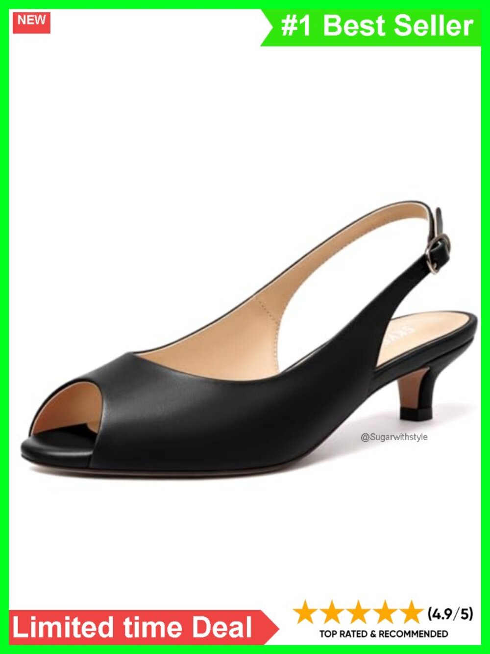 Peep Toe Slingback Kitten Heels Faux Leather Adjustable Buckle Pumps